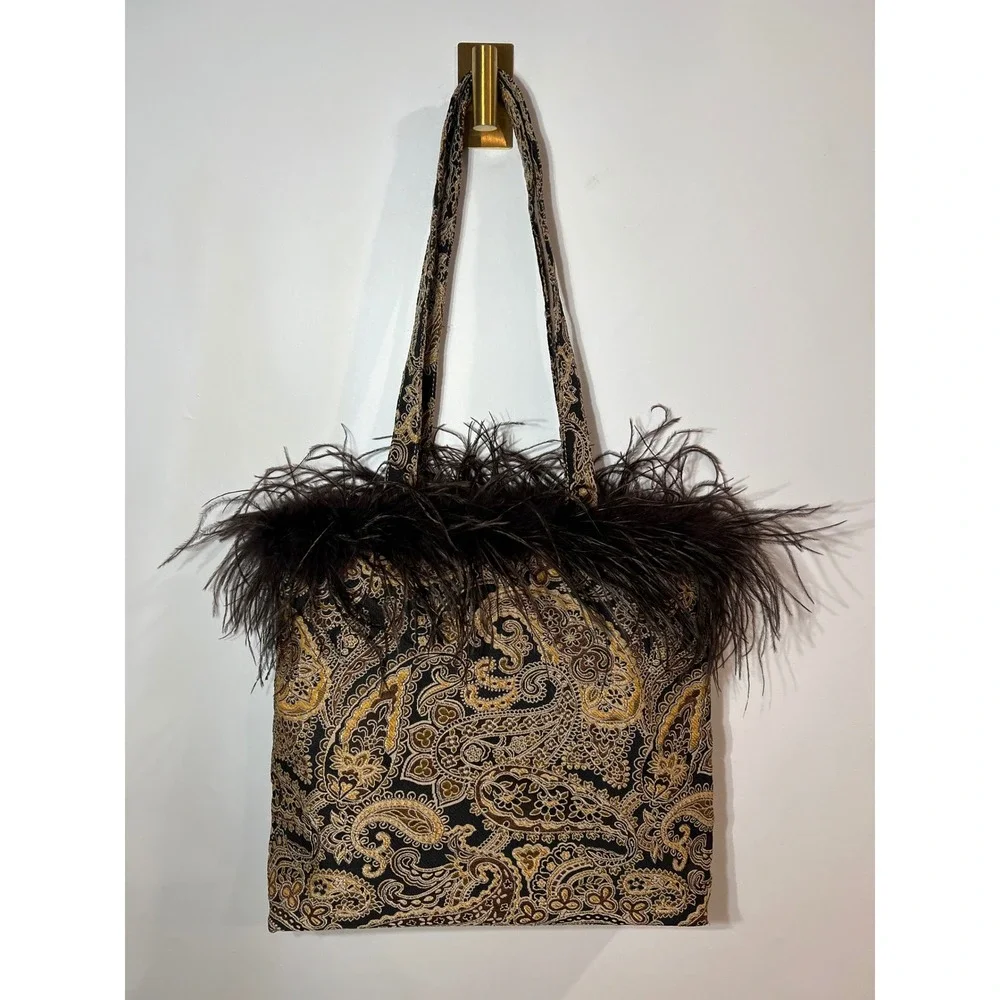 CBK Paisley Feather Tote Bag Brown Gold Tapestry Ostrich Trim Statement Large OS